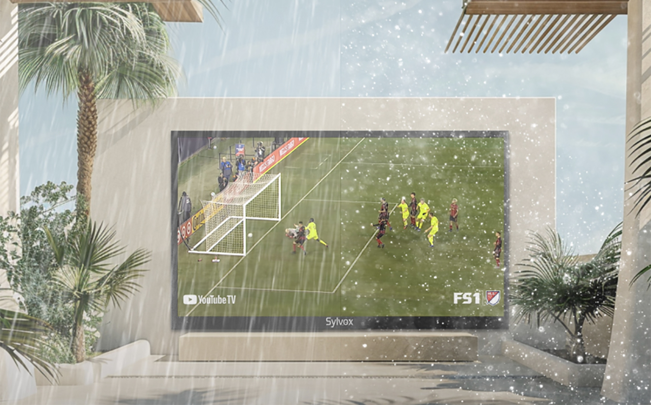 A Sylvox outdoor TV with rain coming down.