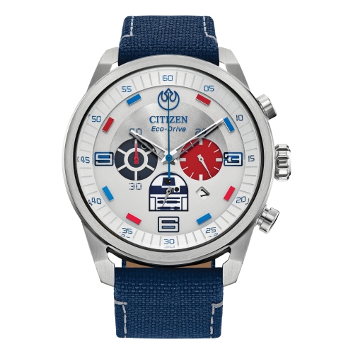 Star Wars Mens R2-D2 Japanese Eco-Drive Watch 45mm Silver-Tone Stainless Steel Case Blue CORDURA® Strap with Silver-Tone Dial