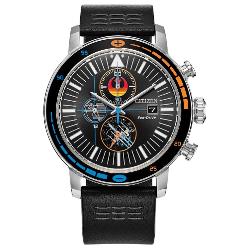 Star Wars Mens Rebel Starfighter Boxed Set Eco-Drive 44mm Silver-Tone Stainless Steel Case Black Leather Strap with Black Dial Box Set 