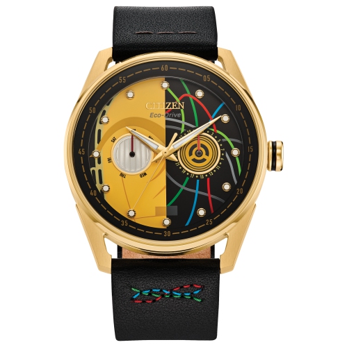 Star Wars Mens C-3Po Rewired Eco-Drive Watch 42mm Gold-Tone Stainless Steel Case Black Leather Strap with Yellow Dial