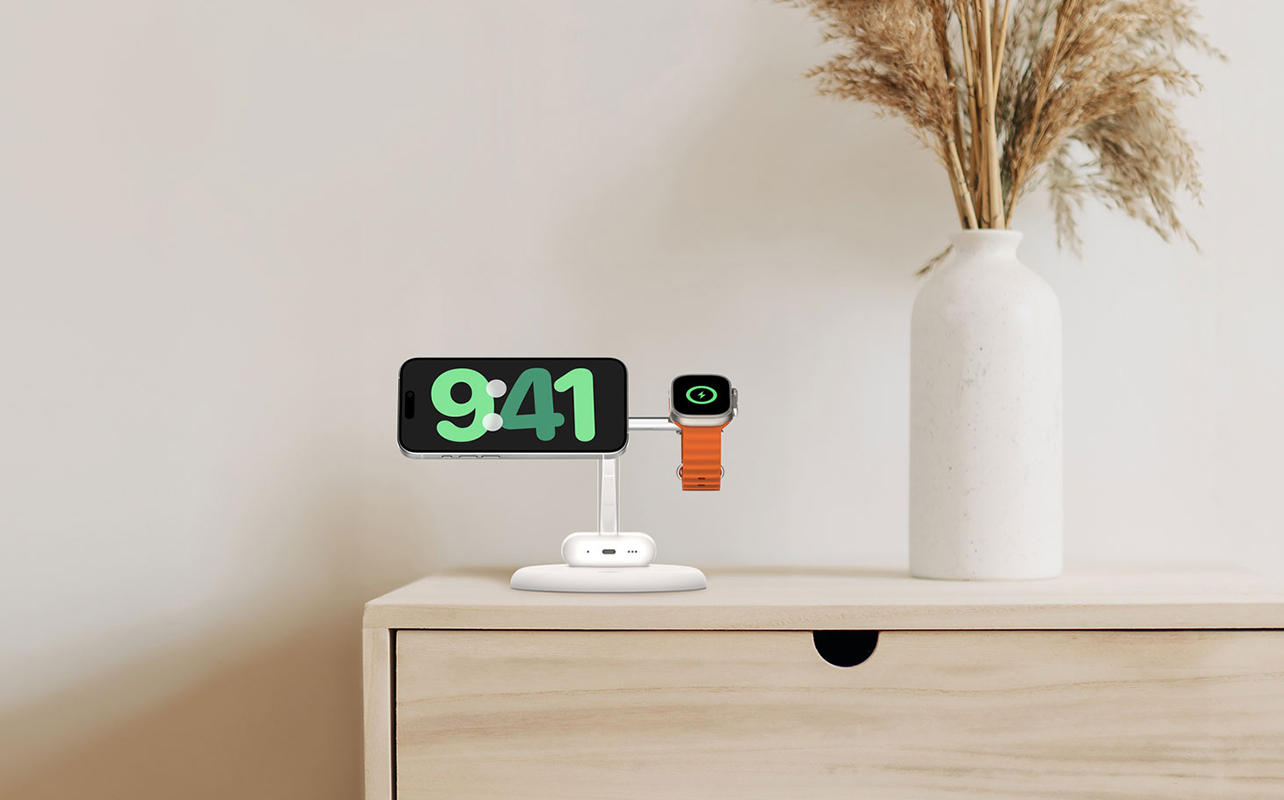 Wireless charger charging airpods, apple watch and an iPhone