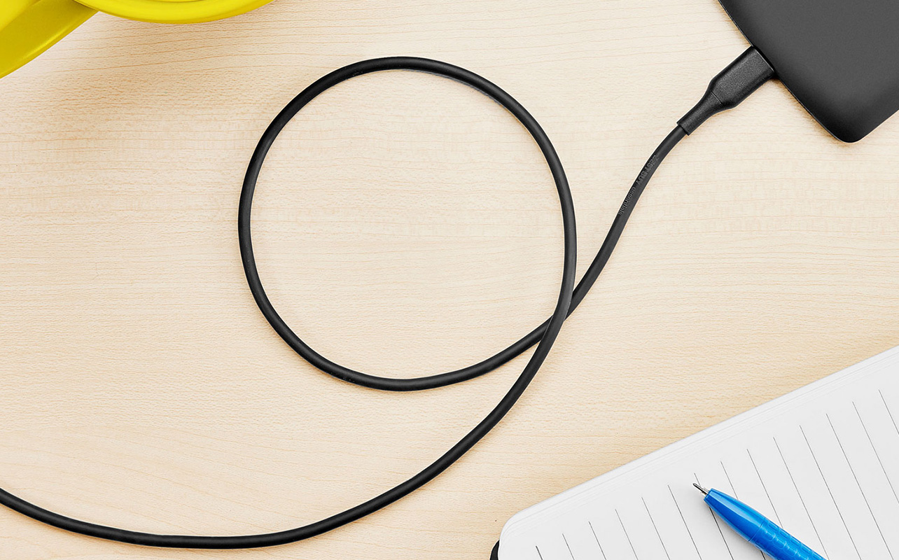 Micro USB cable connected to a power bank