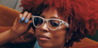 Woman wearing Ray-Ban Meta Skyler AI glasses.