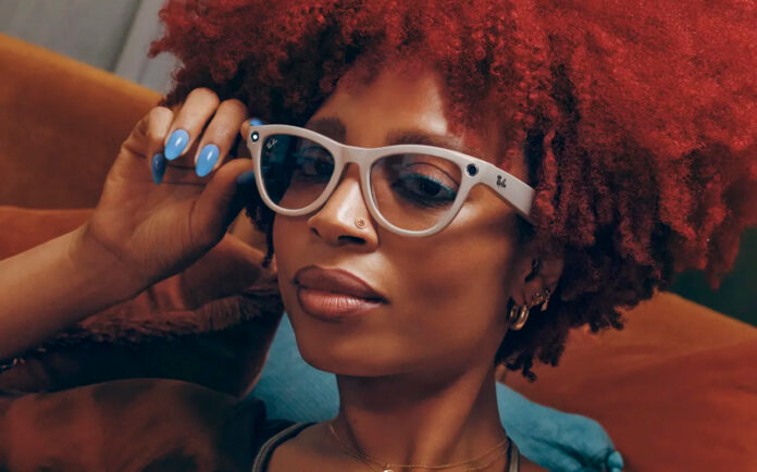 Woman wearing Ray-Ban Meta Skyler AI glasses.
