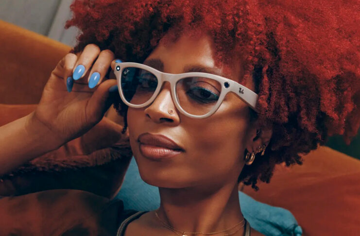 Woman wearing Ray-Ban Meta Skyler AI glasses.