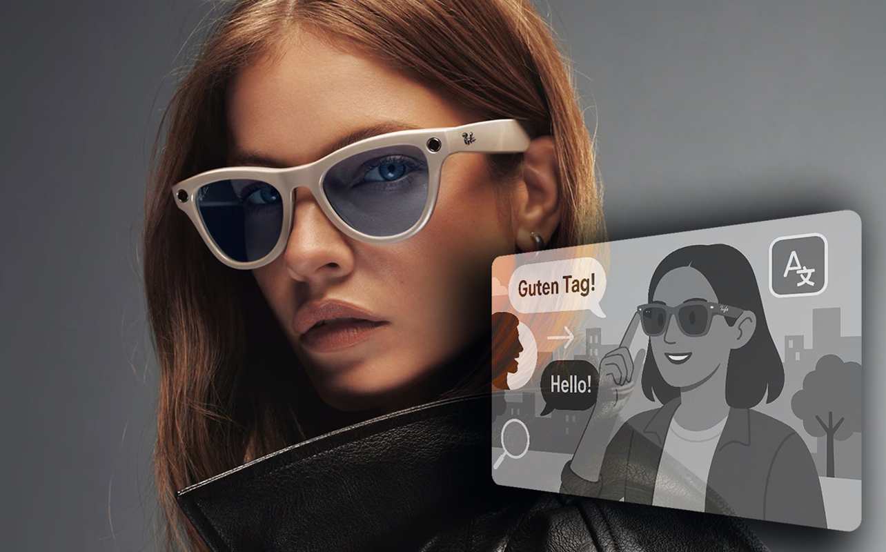 Woman wearing Ray-Ban Meta for translation.