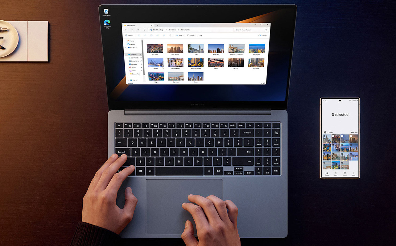 An overhead view of a Samsung laptop.