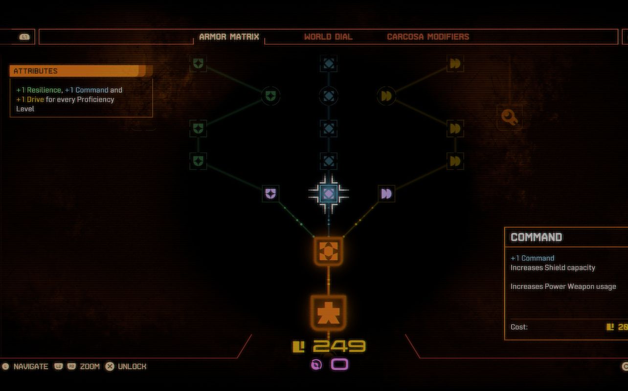 Capture montrant l’interface d’amélioration du personnage dans Saros.