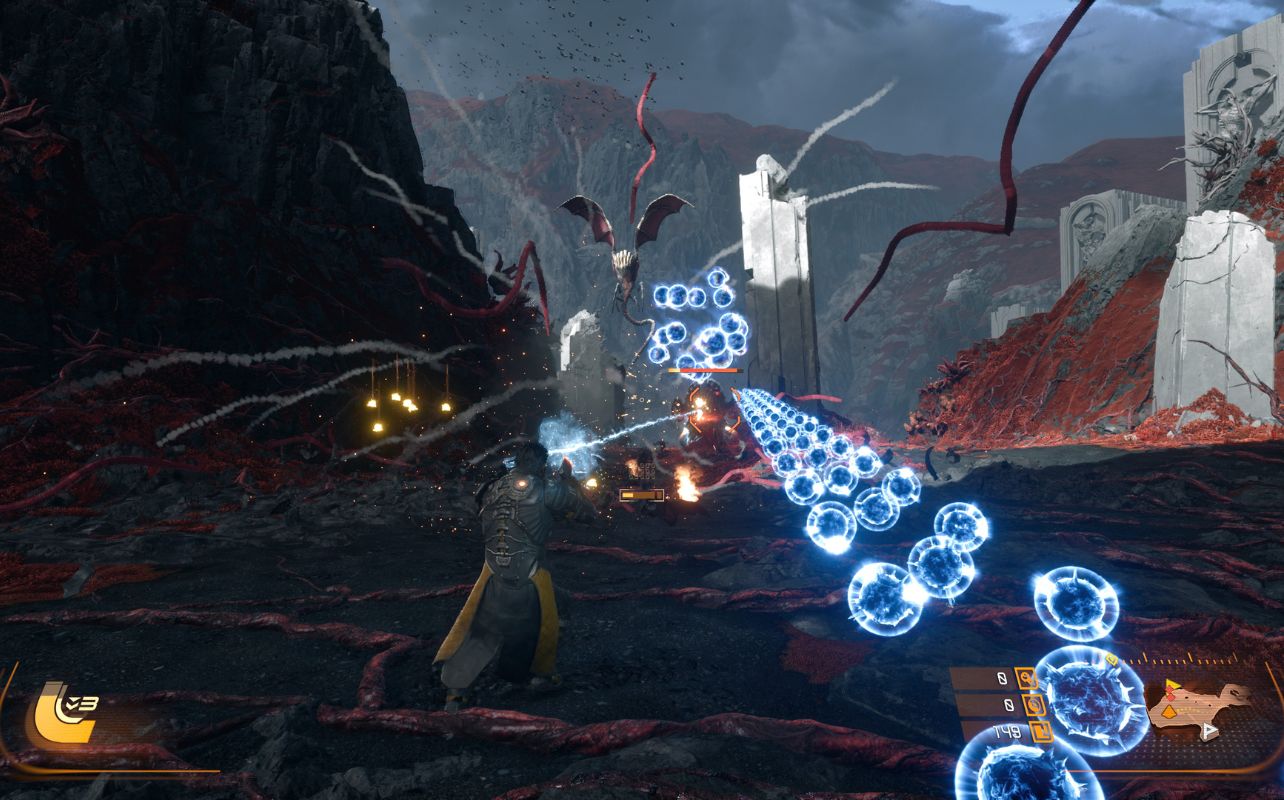 The lead character of the video game Saros, Arjun, shoots at an alien creature.