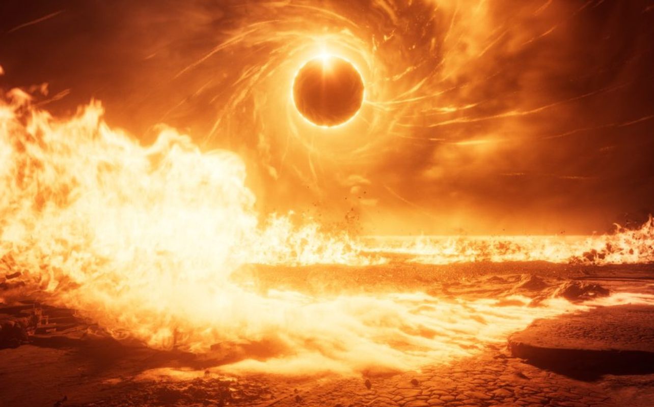 Capture de Saros montrant du feu au sol et une éclipse inquiétante.