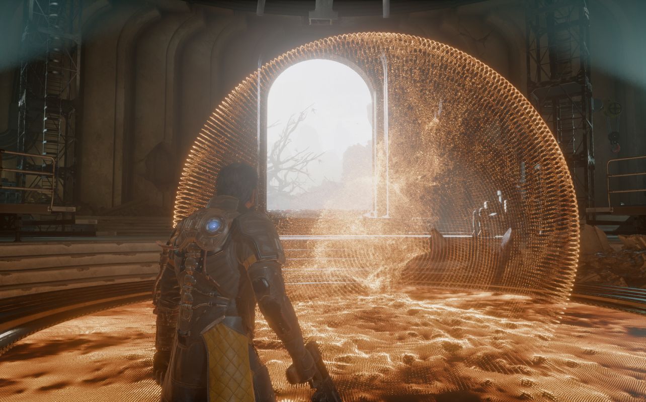 Capture de Saros montrant un personnage près d’un portail.