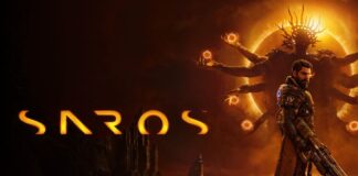 A banner with the words Saros and a character with an outline of a multi-arm alien behind them.