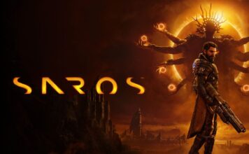 A banner with the words Saros and a character with an outline of a multi-arm alien behind them.