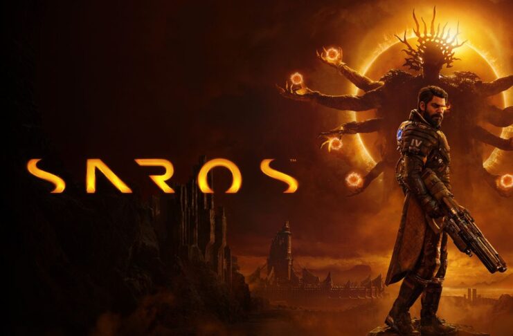 A banner with the words Saros and a character with an outline of a multi-arm alien behind them.