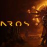 A banner with the words Saros and a character with an outline of a multi-arm alien behind them.