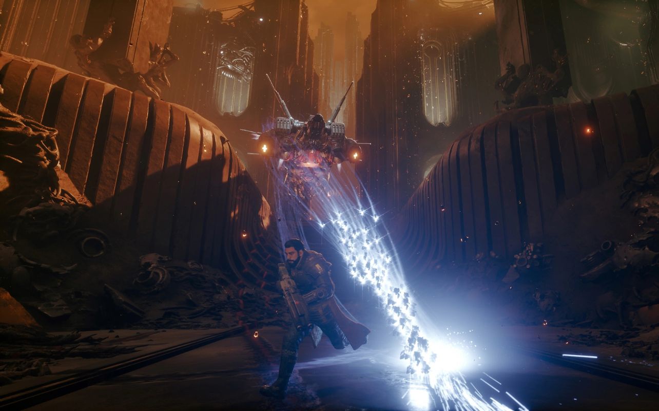 The lead character of the video game Saros runs from a hail of glowing bullets.