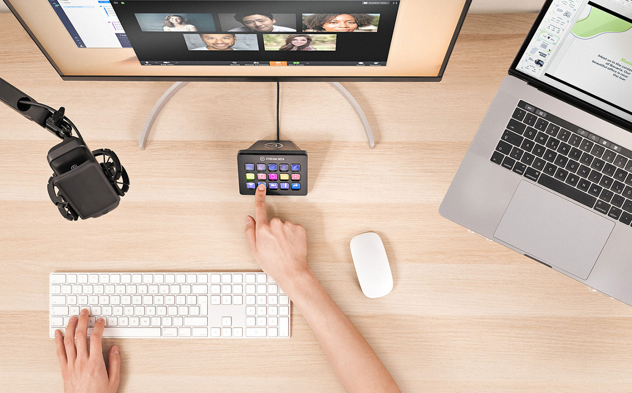 Stream Decks and scene controllers being used in a meeting