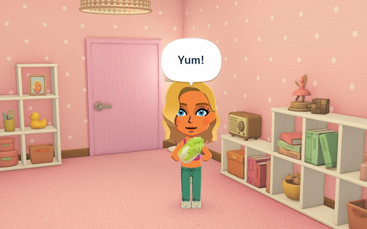 Tomodachi Life Living the Dream screenshot with a pink background and a single character.