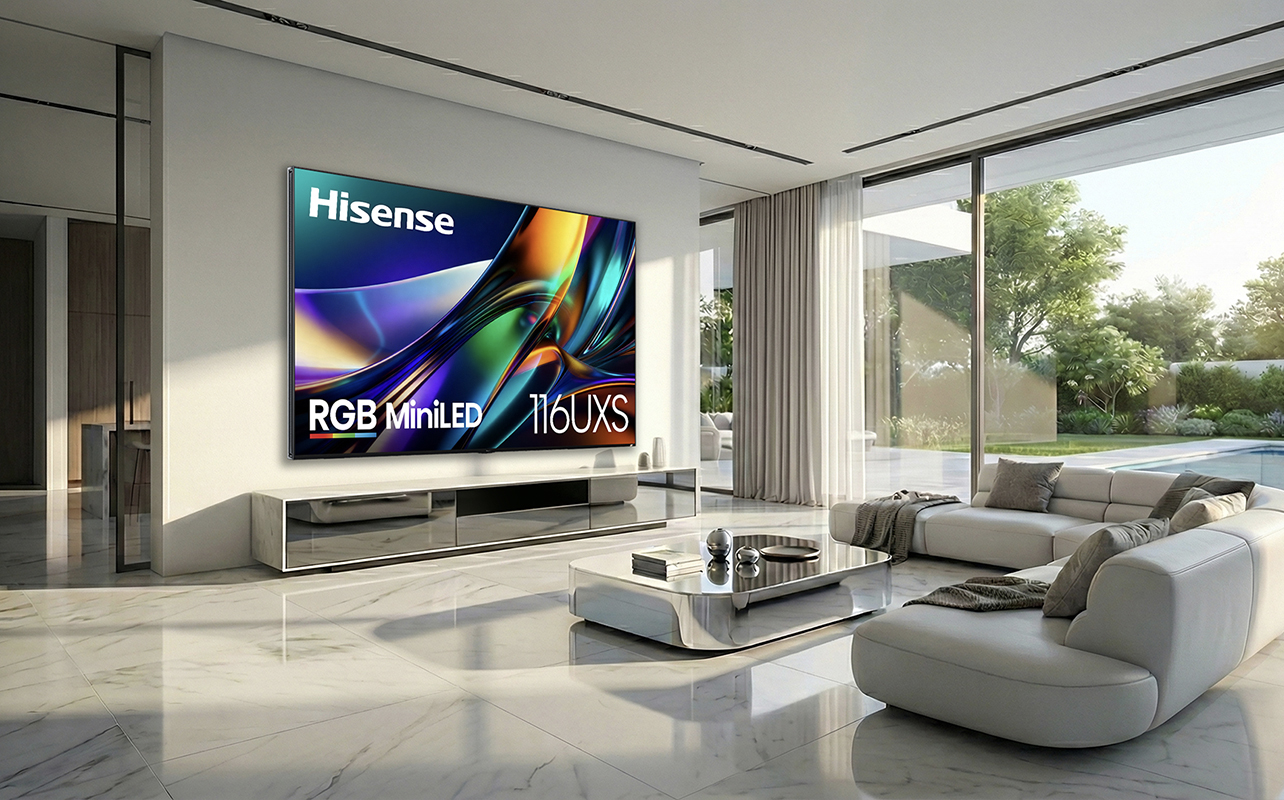 A Hisense 116-inch RGB mini LED TV mounted in a living room.