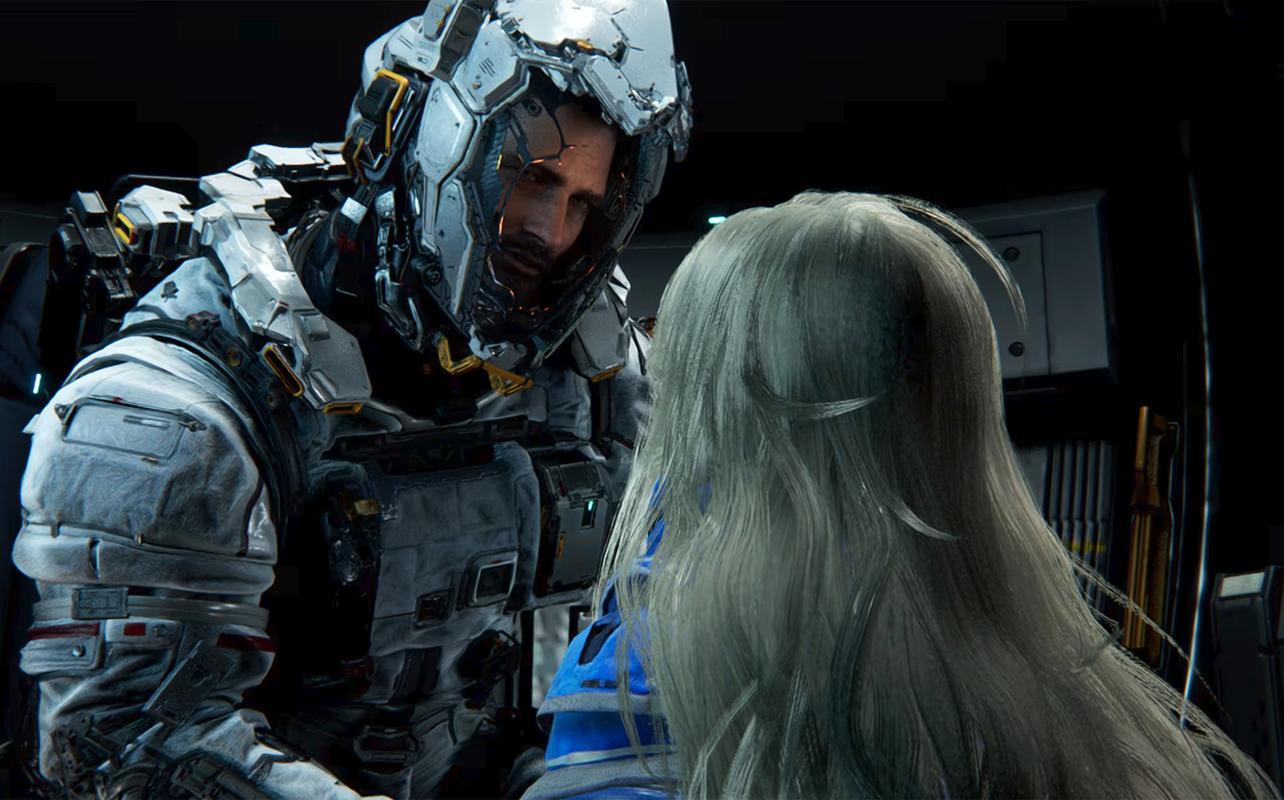 Gros plan de Hugh Williams dans sa combinaison spatiale regardant Diana avec bienveillance dans Pragmata.