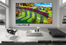 An LG micro RGB TV evo AI mounted in a living room.