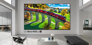 An LG micro RGB TV evo AI mounted in a living room.