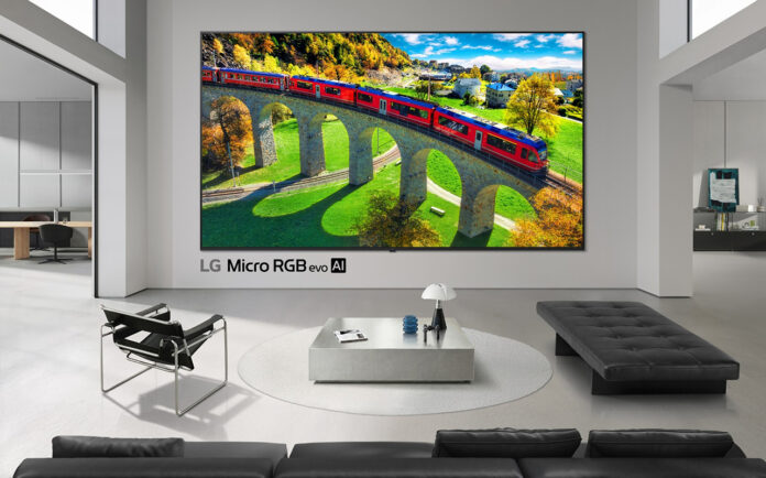 An LG micro RGB TV evo AI mounted in a living room.