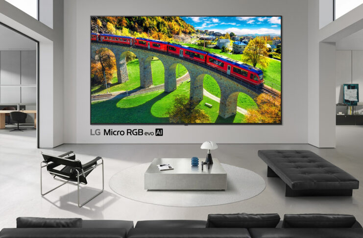 An LG micro RGB TV evo AI mounted in a living room.