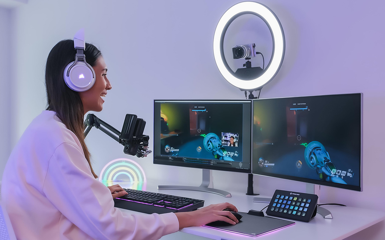 Gaming streaming setup with a ring light