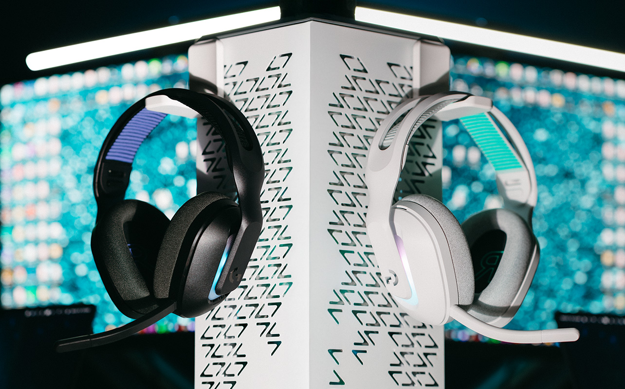 Logitech headphones on a stand