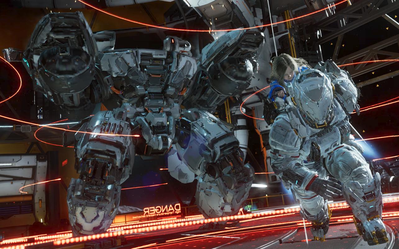 Un mécha lourdement blindé marche sur une plateforme spatiale entourée de lignes de visée holographiques avec Diana dans le cockpit dans Pragmata.