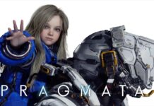 Official key art for Pragmata showing Diana reaching her hand out alongside Hugh Williams in his lunar EVA suit.