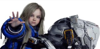 Official key art for Pragmata showing Diana reaching her hand out alongside Hugh Williams in his lunar EVA suit.