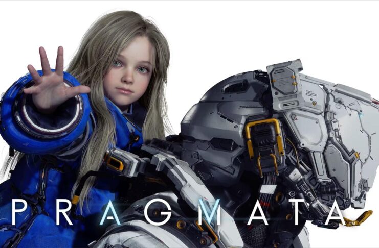 Official key art for Pragmata showing Diana reaching her hand out alongside Hugh Williams in his lunar EVA suit.
