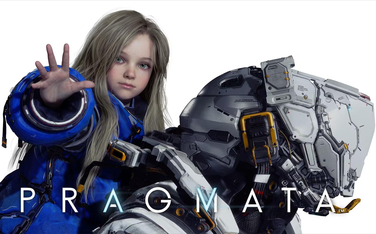 Official key art for Pragmata showing Diana reaching her hand out alongside Hugh Williams in his lunar EVA suit.