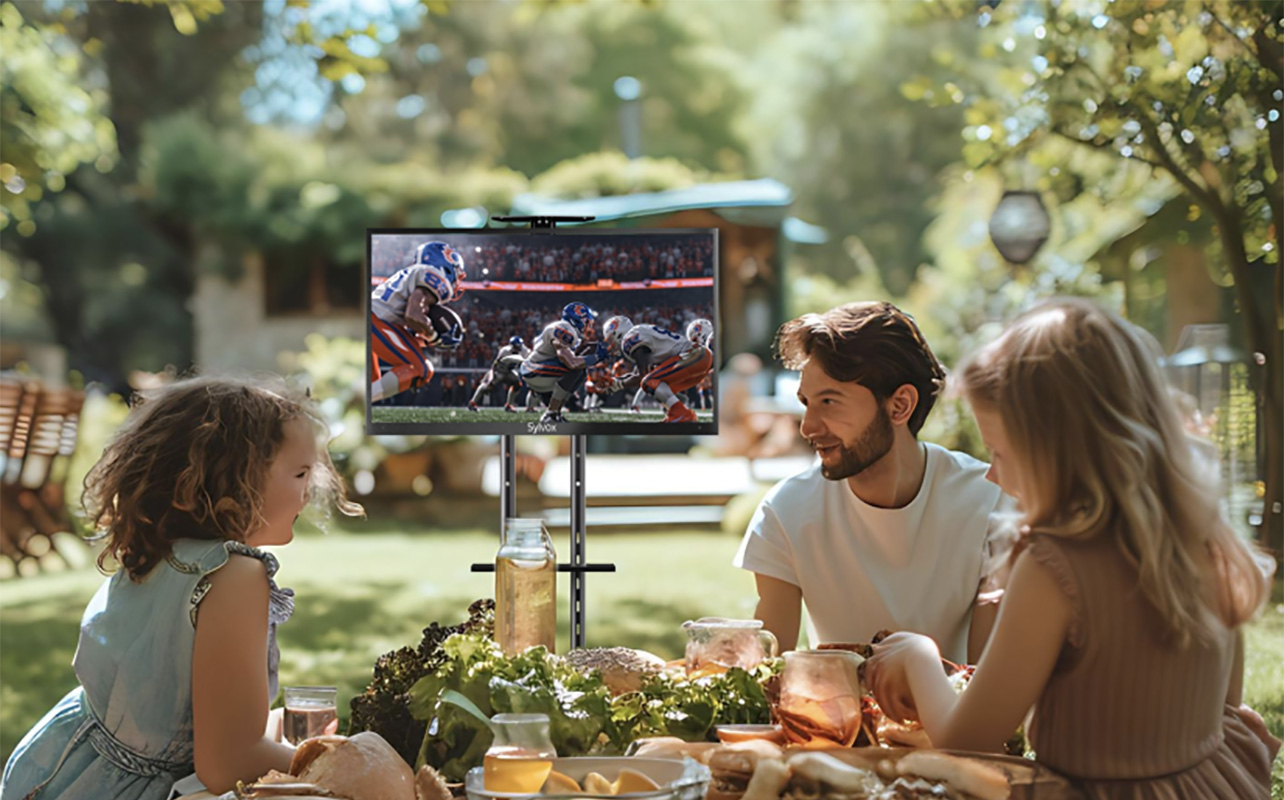 People having dinner with the Sylvox outdoor TV behind them.