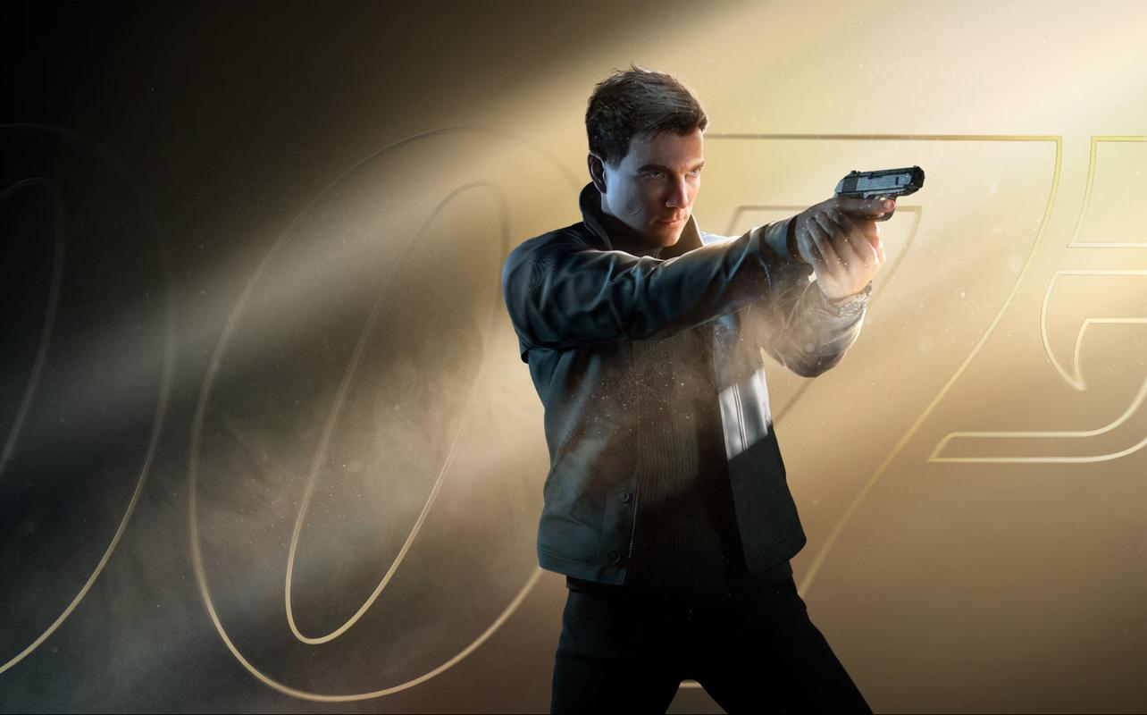 007 First Light key art showing a young James Bond aiming a pistol in front of a gold 007 background.