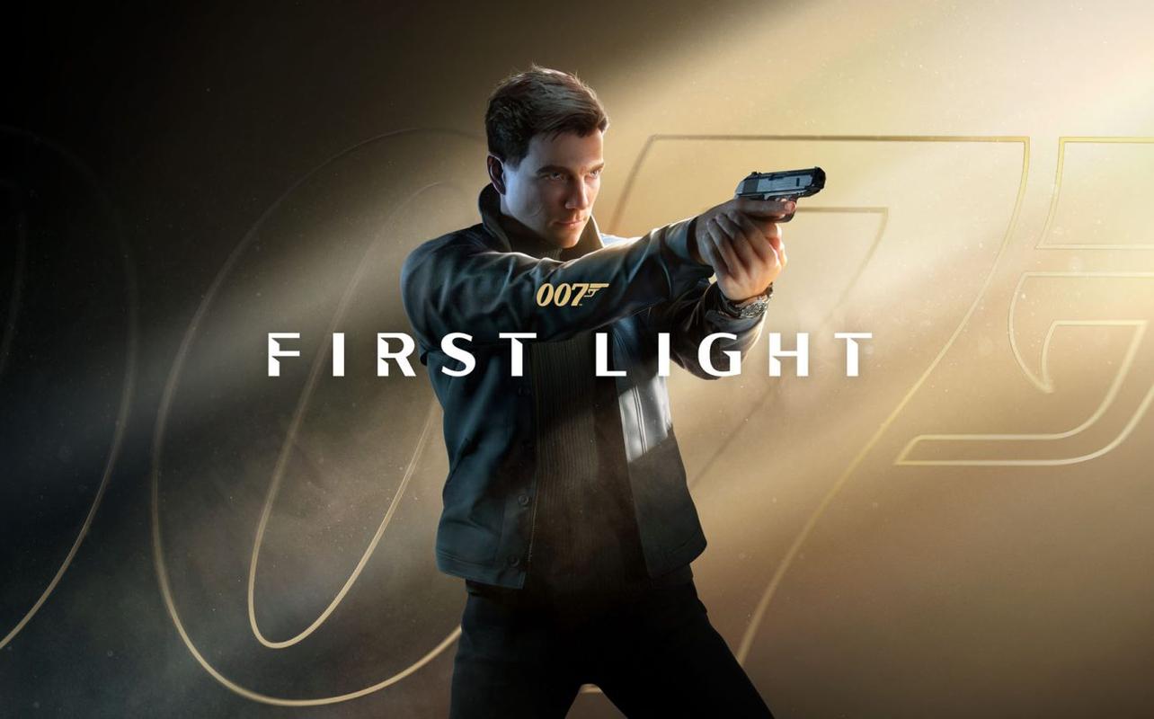 007 First Light key art showing a young James Bond aiming a pistol with the game logo and gold 007 background.