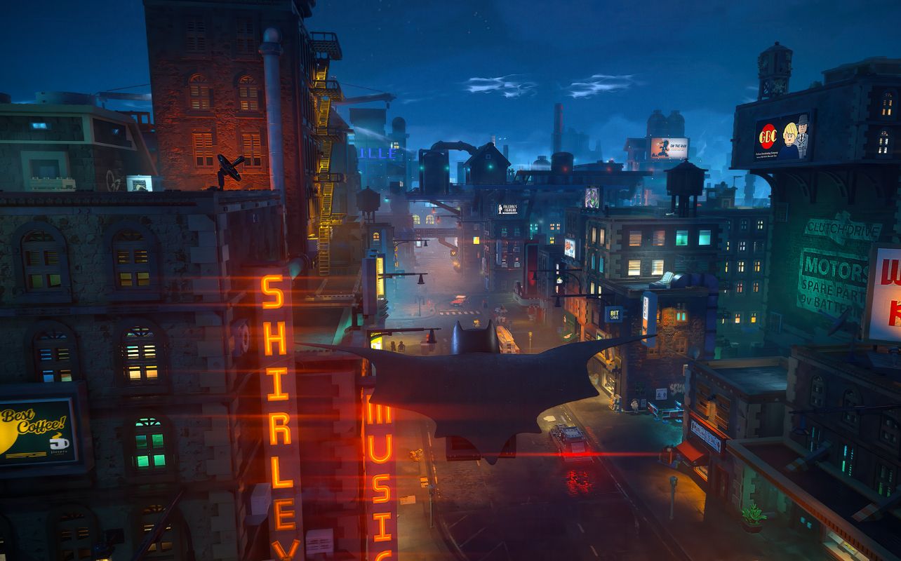 A screenshot of the Lego Batman: Legacy of the Dark Knight game with Batman flying over Gotham.