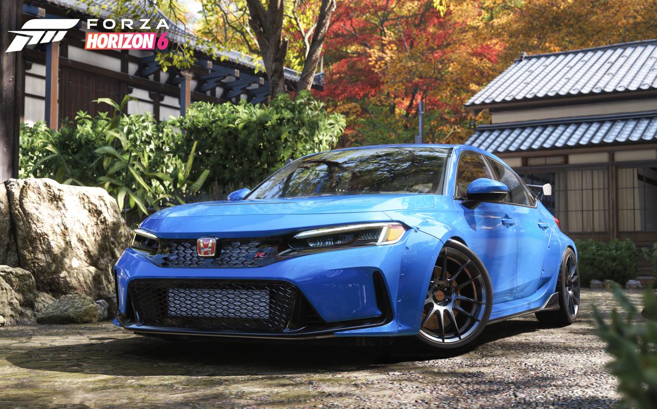 A blue Honda Civic Type R with custom widebody bodywork parked at a traditional Japanese estate in Forza Horizon 6.