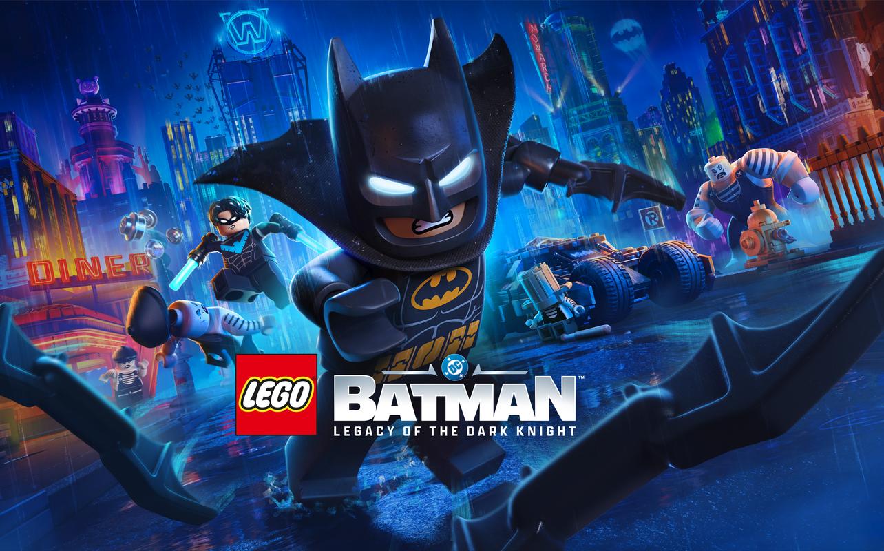 LEGO Batman: Legacy of the Dark Knight key art showing Batman, Nightwing, the Batmobile, and Gotham City.