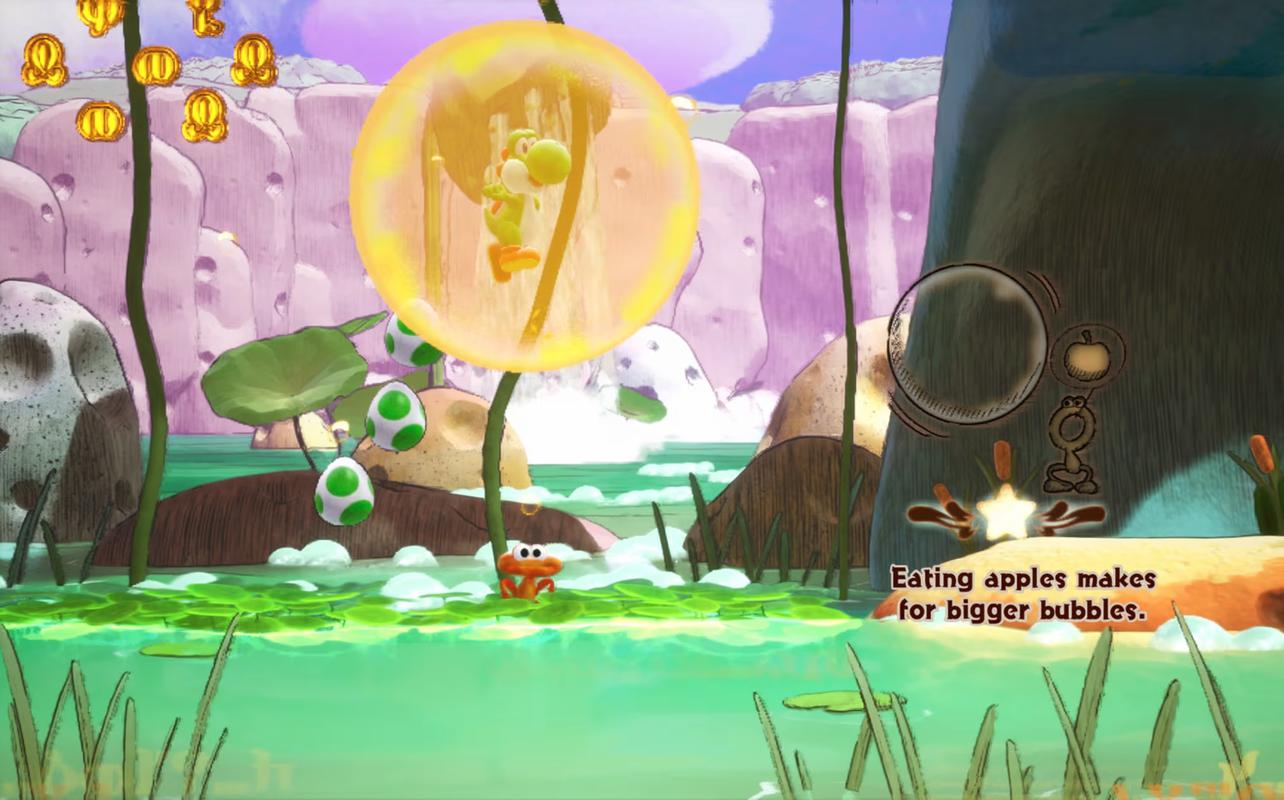 Yoshi floating in a bubble during a creature discovery in Yoshi and the Mysterious Book on Nintendo Switch 2.