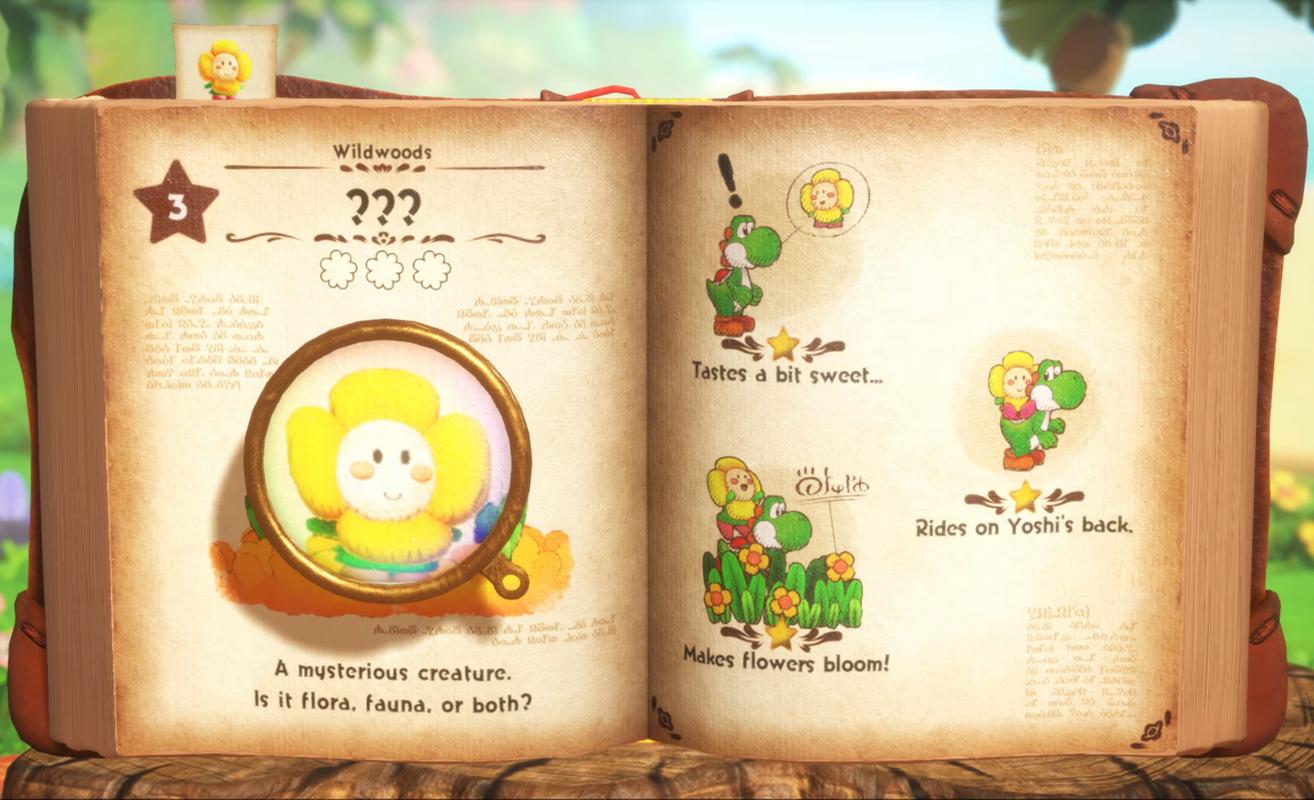 Mr. E’s book showing creature entries and discoveries in Yoshi and the Mysterious Book on Nintendo Switch 2.