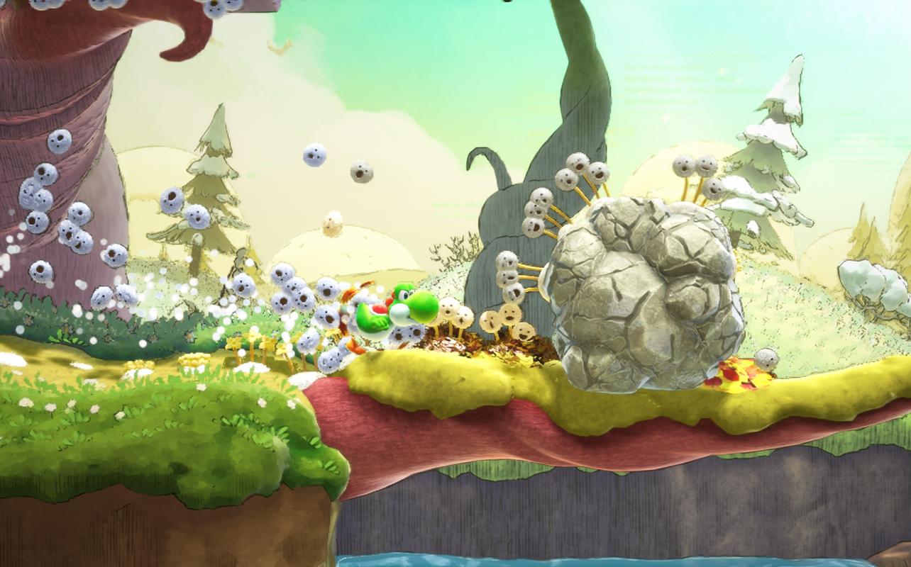 Yoshi moving through a hand-drawn storybook world in Yoshi and the Mysterious Book on Nintendo Switch 2.