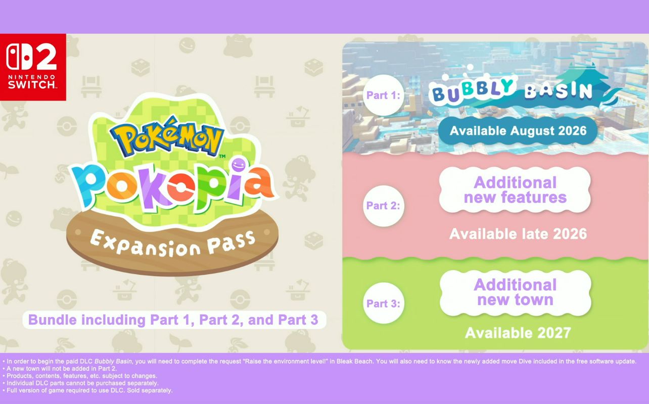 Nintendo Direct art with Pokémon Pokopia free update and Expansion Pass roadmap.