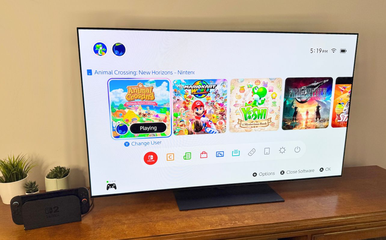 The Nintendo Switch 2 docked properly, with the home screen being displayed.