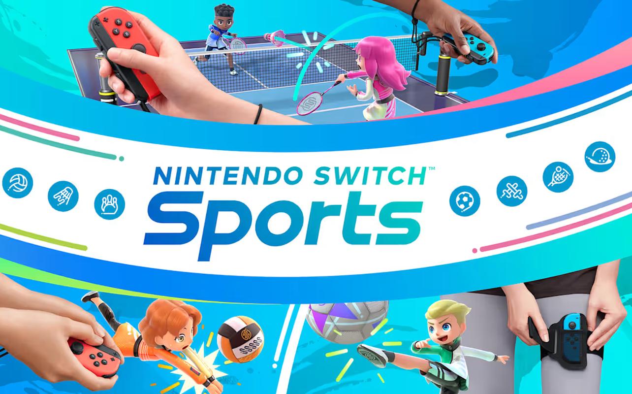 Nintendo Switch Sports artwork showing badminton, soccer, and other sports played with Joy-Con controllers around the game logo.