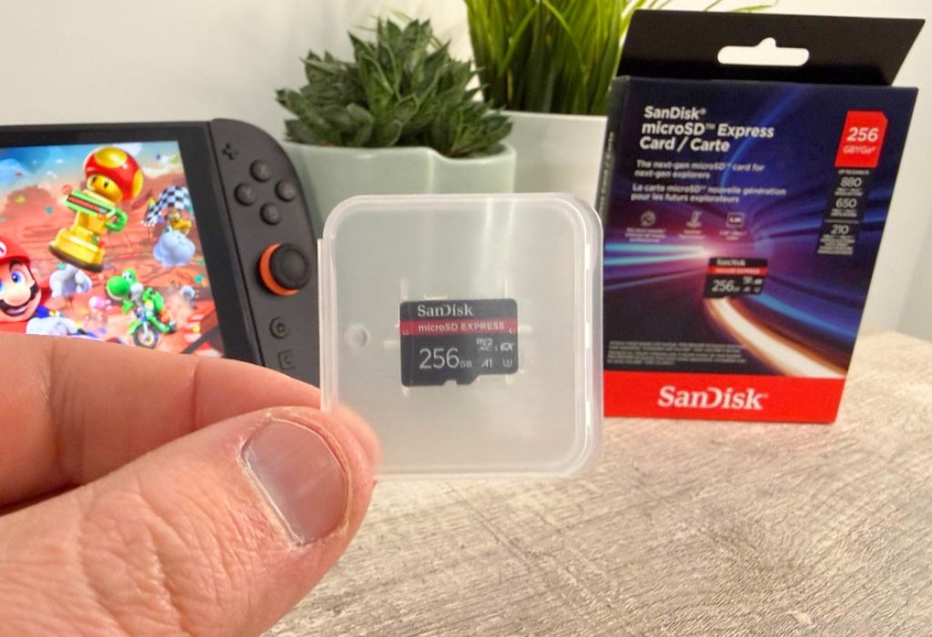 Someone holding a MicrosSD Express Card.