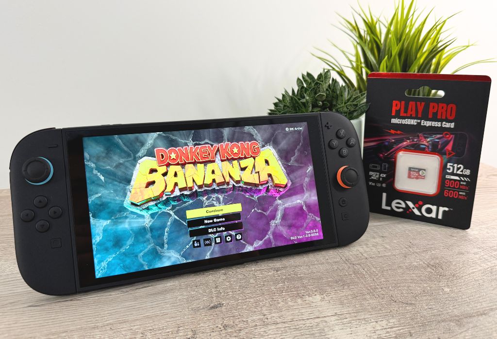 Nintendo Switch 2 console next to an SD card.