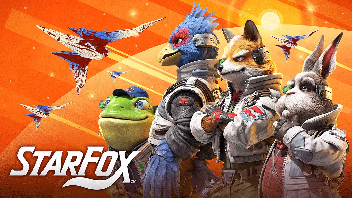 Star Fox key art showing Fox McCloud and the team with Arwings in the background